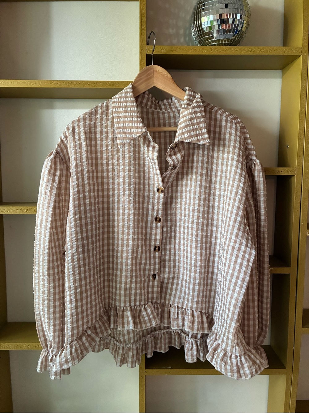 Gingham Ruffle Hem Button-Front Women's Top - Cream & Tan - Picture 1 of 3
